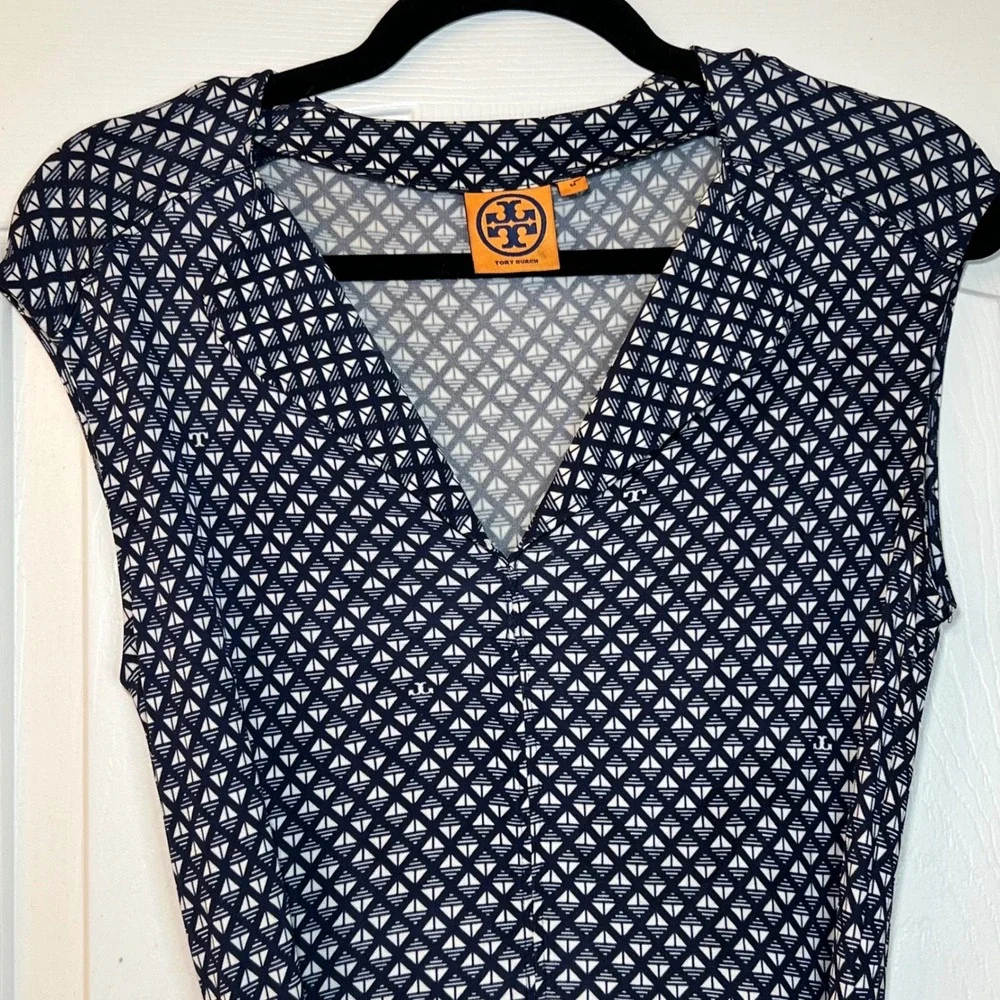 Tory Burch Navy Blue White Geometric Print V-Neck Belted‎ Dress Womens Medium